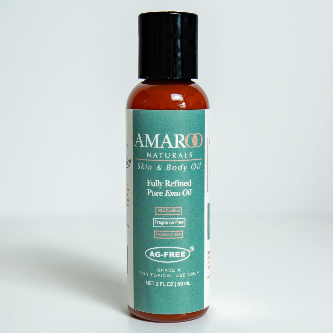 Amaroo Naturals Fully Refined Pure Emu Oil bottle with the AG-FREE® mark on the label