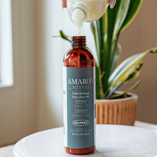 Amaroo Naturals pure emu oil bottle, fully refined and AG-FREE